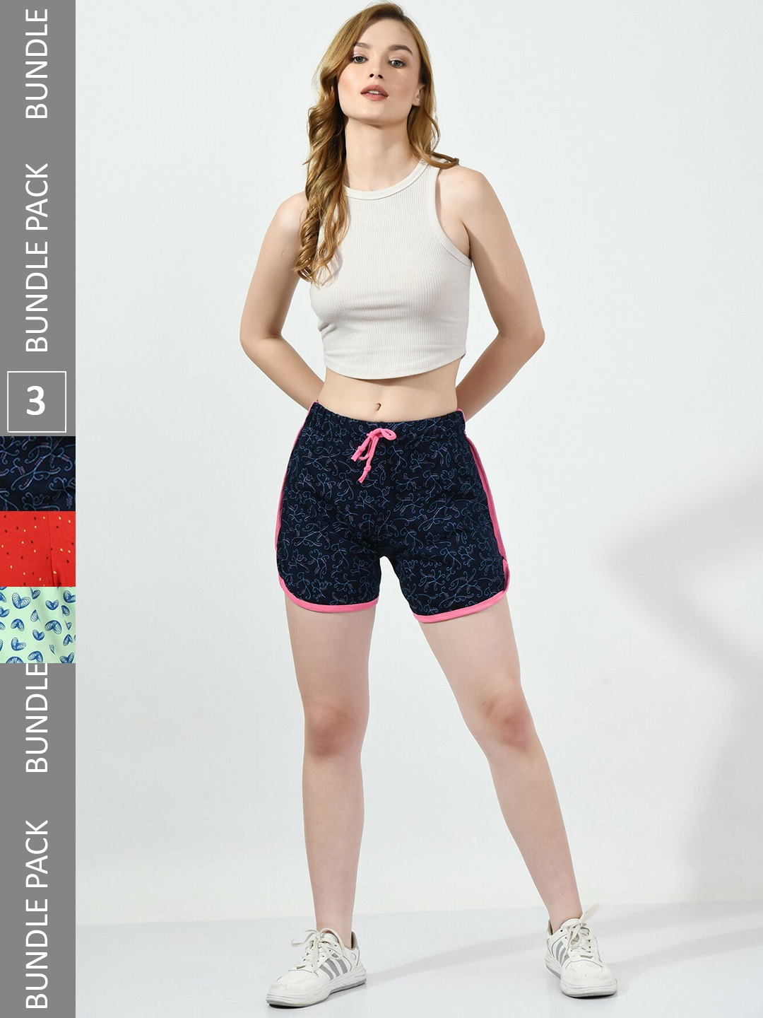BAESD Women Pack Of 3 Conversational Printed High-Rise Pure Cotton Shorts, Navy blue
BAESD Women Pack Of 3 Conversational Printed High-Rise Pure Cotton Shorts, Navy blue