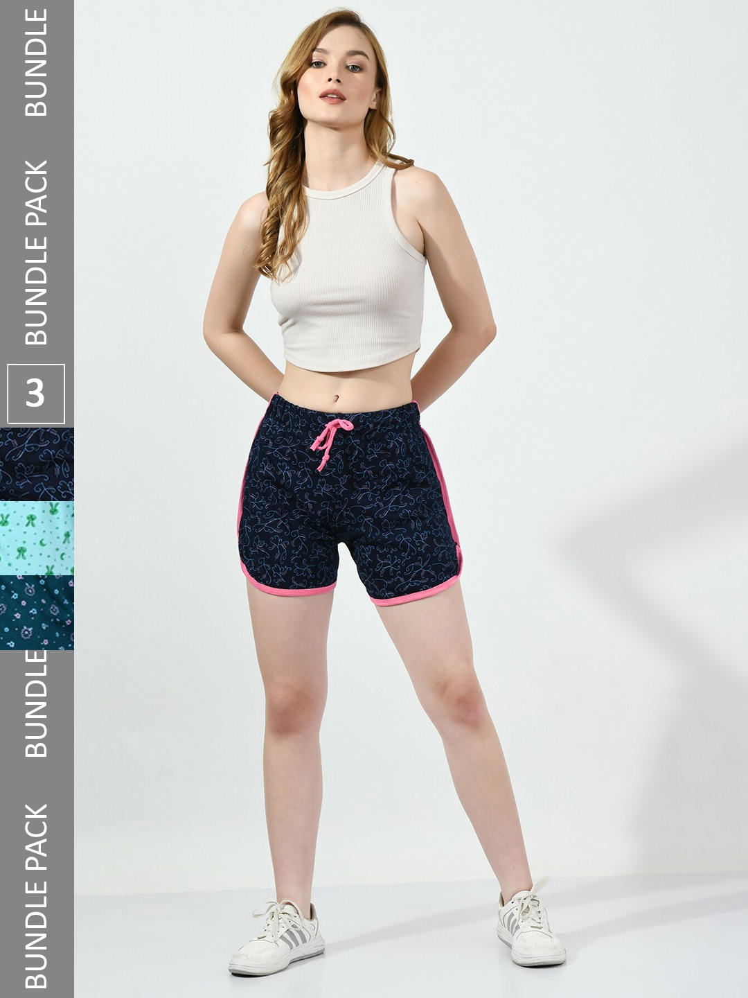 BAESD Women Pack Of 3 Conversational Printed High-Rise Pure Cotton Shorts, Navy blue
BAESD Women Pack Of 3 Conversational Printed High-Rise Pure Cotton Shorts, Navy blue