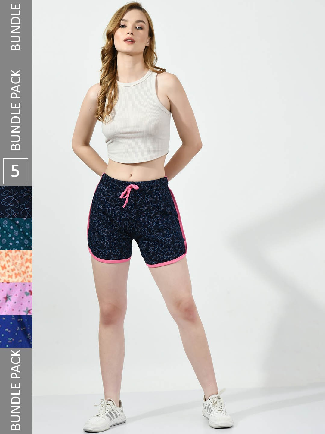 BAESD Women Pack Of 5 Conversational Printed High-Rise Pure Cotton Shorts, Navy blue
BAESD Women Pack Of 5 Conversational Printed High-Rise Pure Cotton Shorts, Navy blue