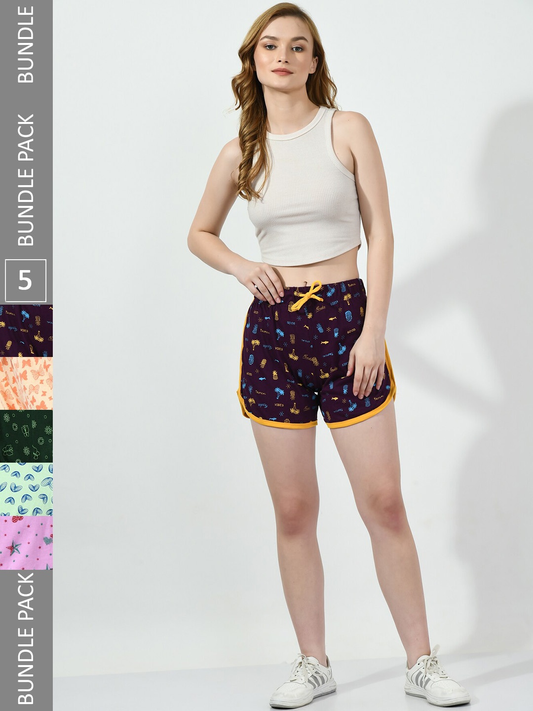 BAESD Women Pack Of 5 Conversational Printed High-Rise Pure Cotton Regular Shorts, Violet
BAESD Women Pack Of 5 Conversational Printed High-Rise Pure Cotton Regular Shorts, Violet
