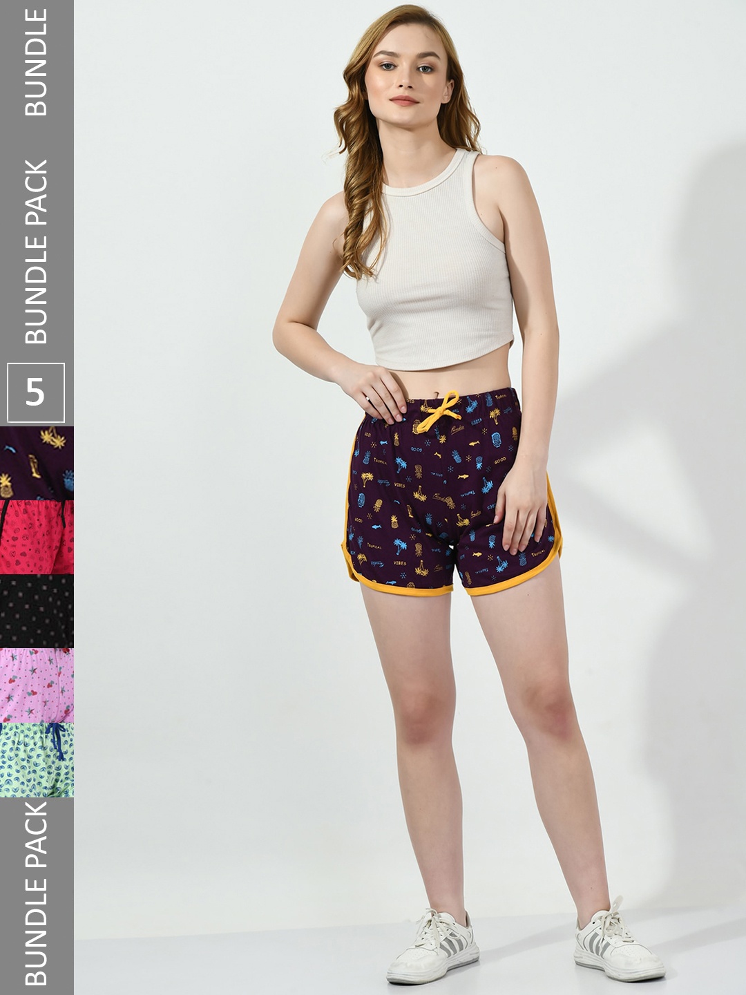 BAESD Women Pack Of 5 Conversational Printed High-Rise Pure Cotton Regular Shorts, Violet
BAESD Women Pack Of 5 Conversational Printed High-Rise Pure Cotton Regular Shorts, Violet