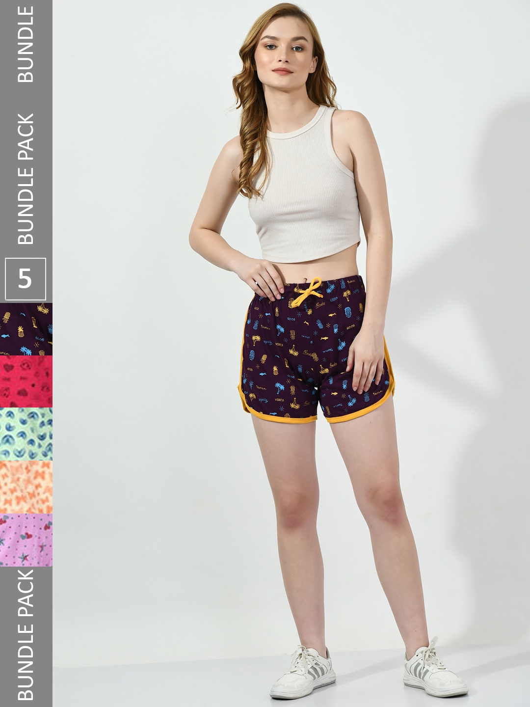 BAESD Women Pack Of 5 Conversational Printed High-Rise Pure Cotton Regular Shorts, Violet
BAESD Women Pack Of 5 Conversational Printed High-Rise Pure Cotton Regular Shorts, Violet