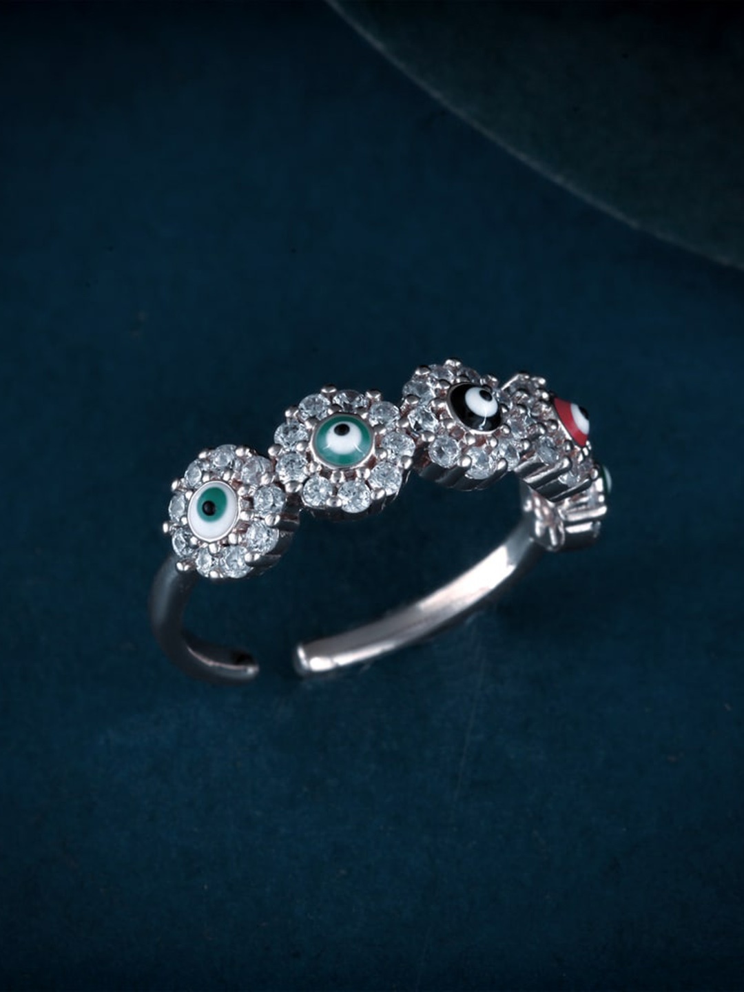 MEENAZ Silver-Plated Cubic Zirconia & American Diamond-Studded Evil Eye Finger Ring
MEENAZ Silver-Plated Cubic Zirconia & American Diamond-Studded Evil Eye Finger Ring