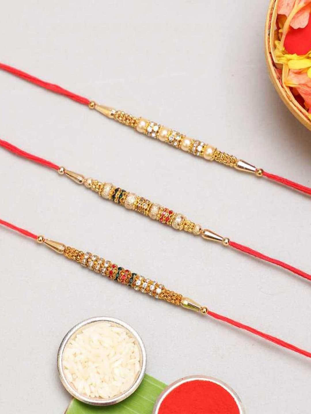 eCraftIndia Set Of 3 Designer Rakhi With Roli Chawal, Red