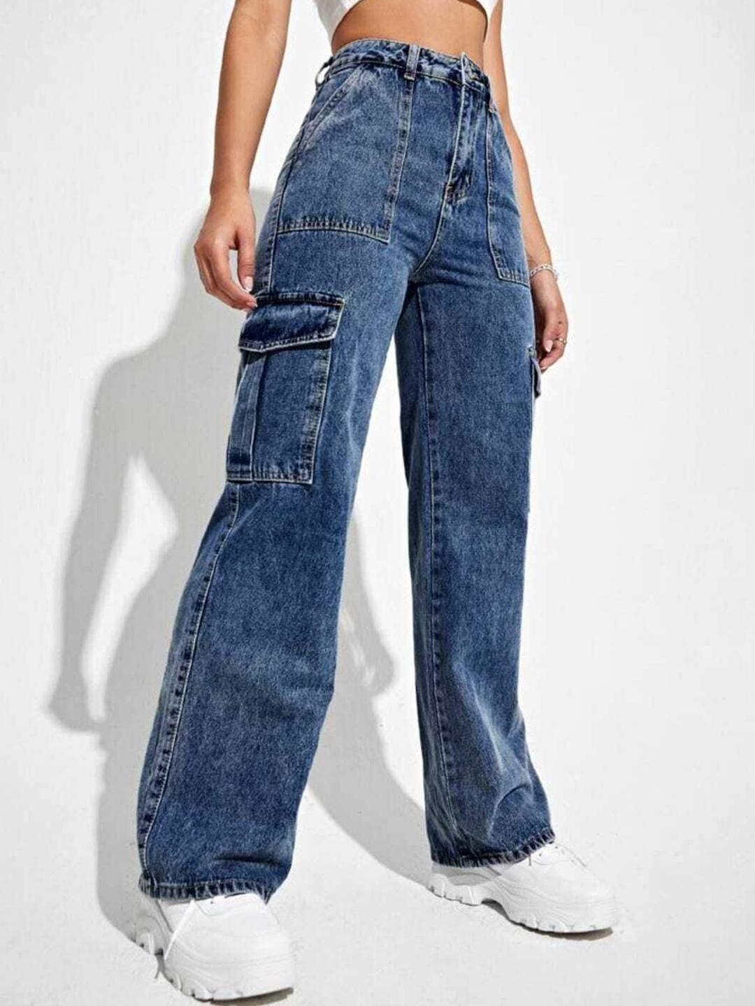 BROADSTAR Women Smart Wide Leg High-Rise Low Distress Heavy Fade Stretchable Cotton Jeans, Navy blue
BROADSTAR Women Smart Wide Leg High-Rise Low Distress Heavy Fade Stretchable Cotton Jeans, Navy blue