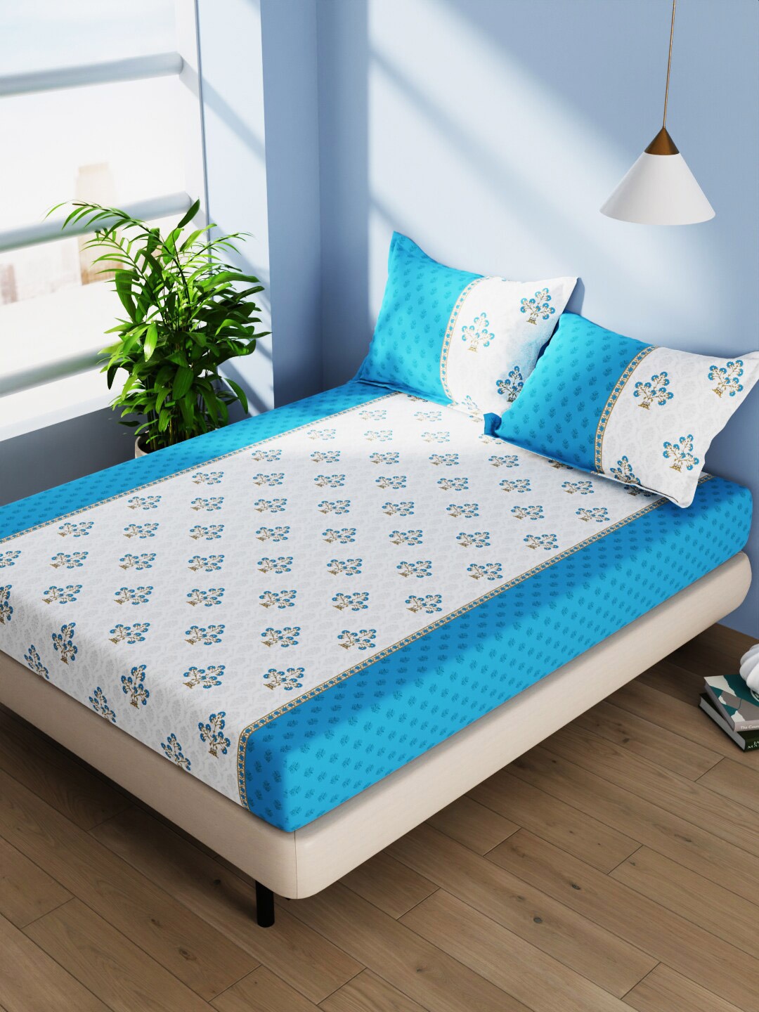 BIANCA Serina White Floral Pure Cotton 140 TC Queen Bedsheet With 2 Pillow Covers, Turquoise blue
BIANCA Serina White Floral Pure Cotton 140 TC Queen Bedsheet With 2 Pillow Covers, Turquoise blue