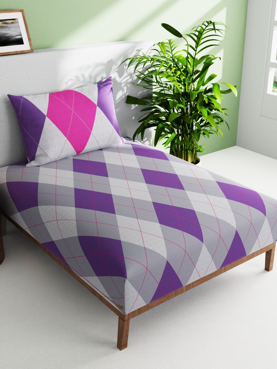BIANCA Espeda Purple & Grey Geometric Cotton 144 TC Single Bedsheet With 1 Pillow Cover
BIANCA Espeda Purple & Grey Geometric Cotton 144 TC Single Bedsheet With 1 Pillow Cover