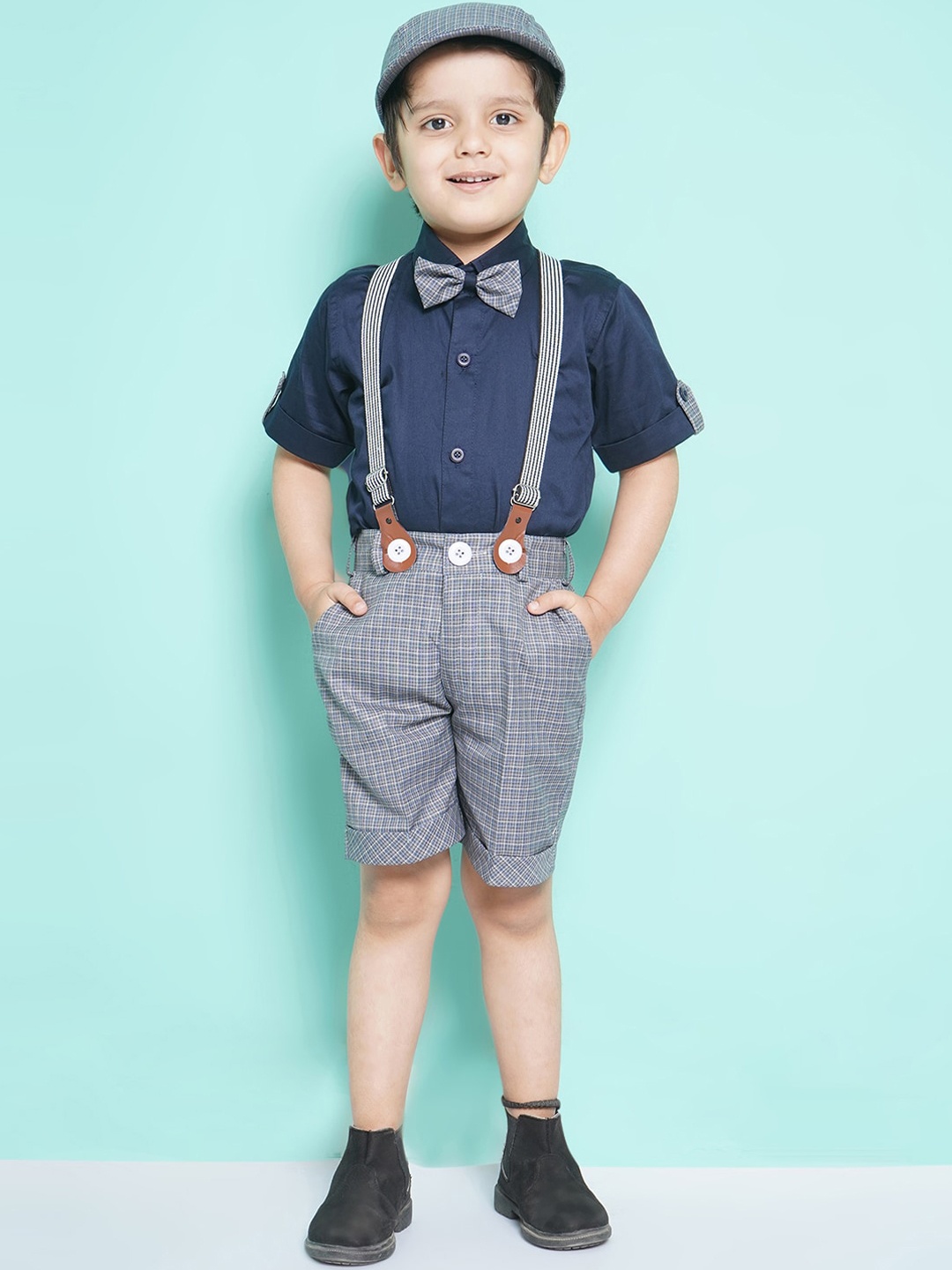 Aj DEZInES Boys Printed Cotton Shirt Bow Shorts With Cap Suspenders Clothing Set, Grey
Aj DEZInES Boys Printed Cotton Shirt Bow Shorts With Cap Suspenders Clothing Set, Grey
