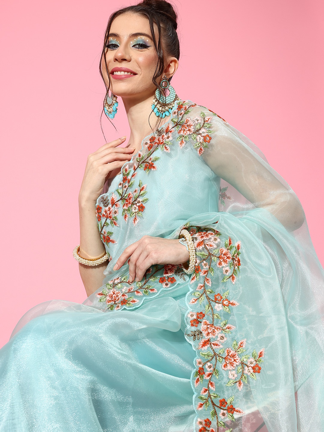 Saree mall Floral Organza Sarees, Turquoise blue