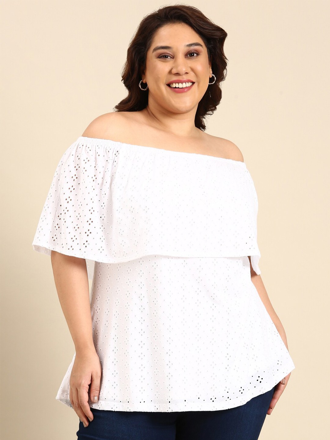 The Pink Moon Plus Size Self Design Schiffli Cap Sleeves Off-Shoulder Bardot Top, White
The Pink Moon Plus Size Self Design Schiffli Cap Sleeves Off-Shoulder Bardot Top, White