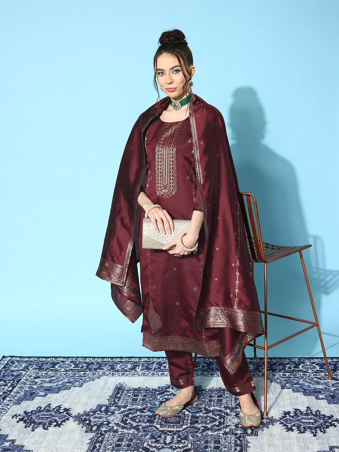 Sangria Women Ethnic Motifs Yoke Design Chanderi Silk Kurta with Trousers & Dupatta, Maroon
Sangria Women Ethnic Motifs Yoke Design Chanderi Silk Kurta with Trousers & Dupatta, Maroon