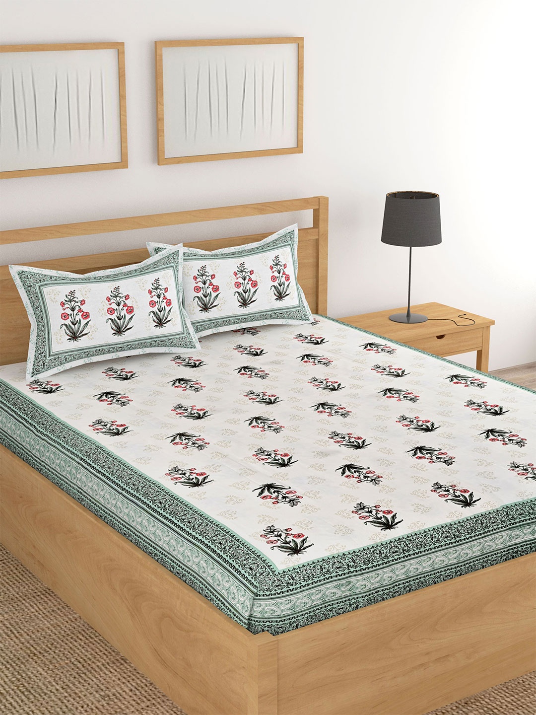 Lali Prints White & Green Ethnic Motifs Cotton 180 TC King Bedsheet with 2 Pillow Covers
Lali Prints White & Green Ethnic Motifs Cotton 180 TC King Bedsheet with 2 Pillow Covers