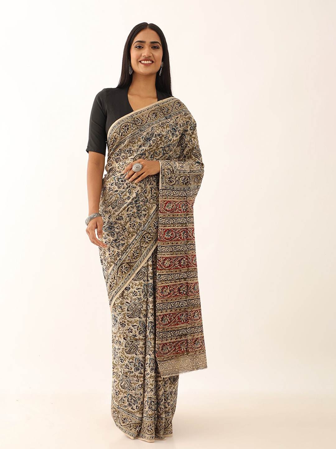 Taneira Pure Cotton Kalamkari Block Print Saree, Beige