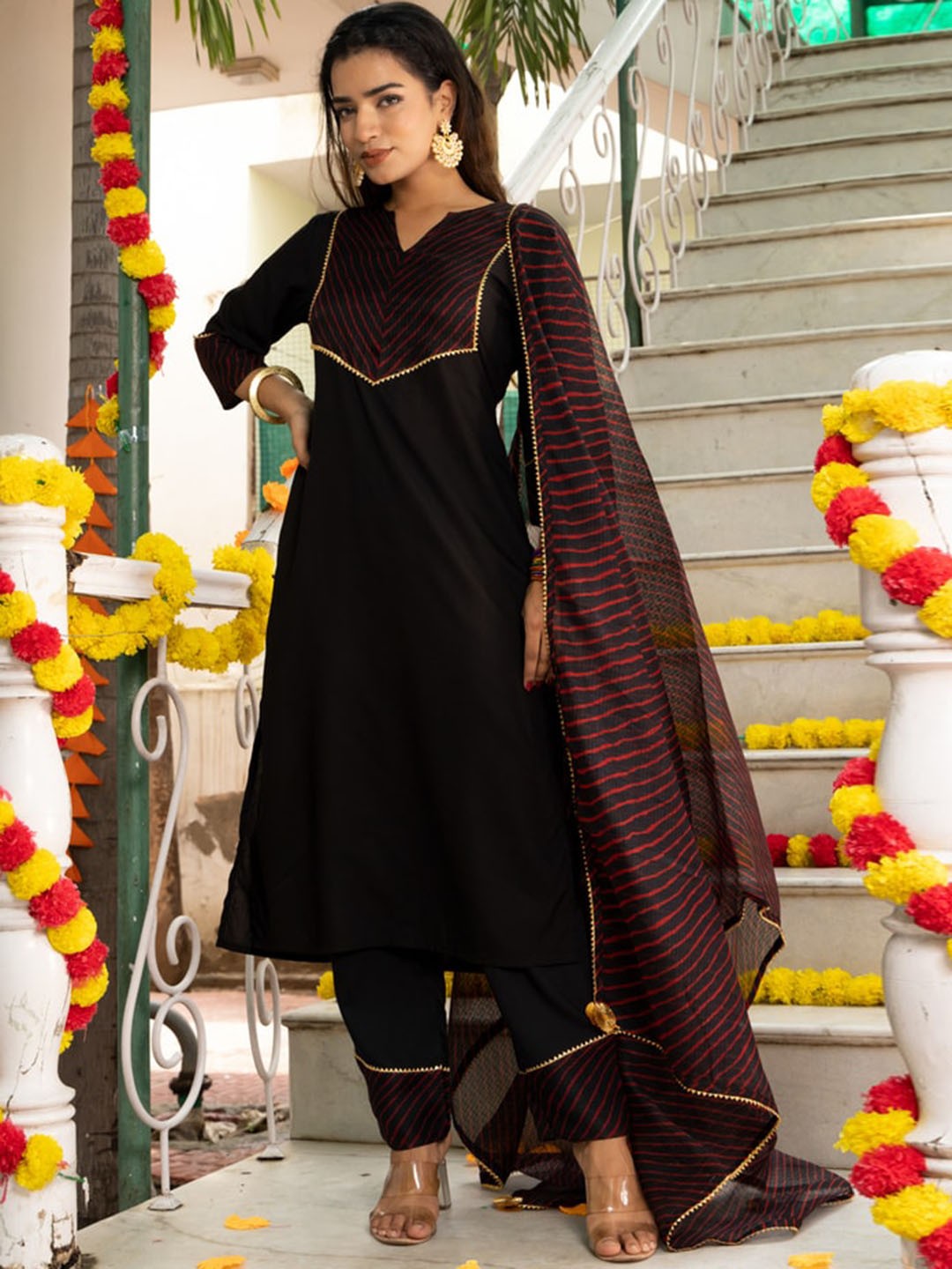 Indi INSIDE Leheriya Yoke Design Regular Gotta Patti Kurta With Trousers & Dupatta, Black
Indi INSIDE Leheriya Yoke Design Regular Gotta Patti Kurta With Trousers & Dupatta, Black