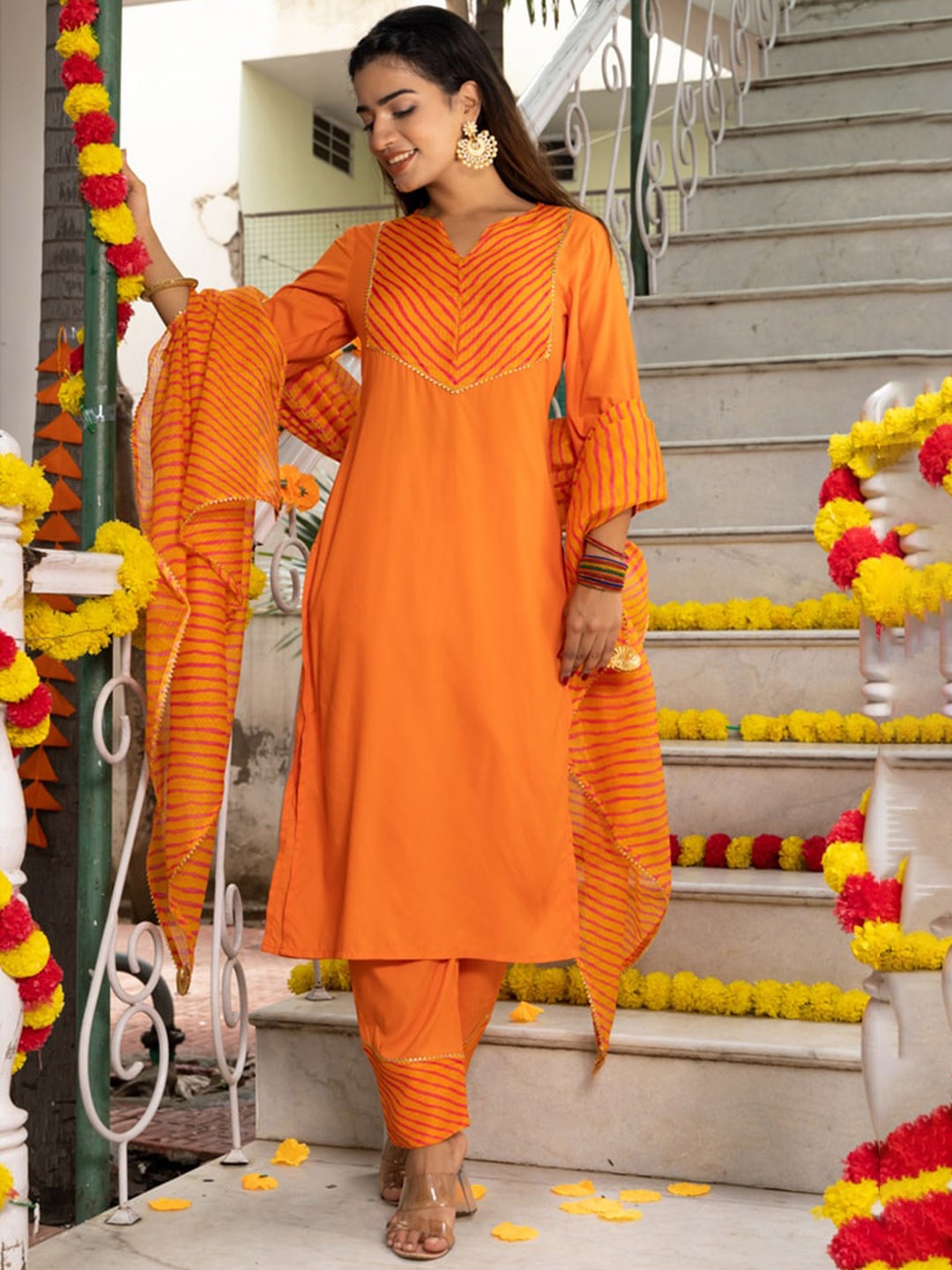Indi INSIDE Leheriya Yoke Design Regular Gotta Patti Kurta & Trousers With Dupatta, Orange
Indi INSIDE Leheriya Yoke Design Regular Gotta Patti Kurta & Trousers With Dupatta, Orange