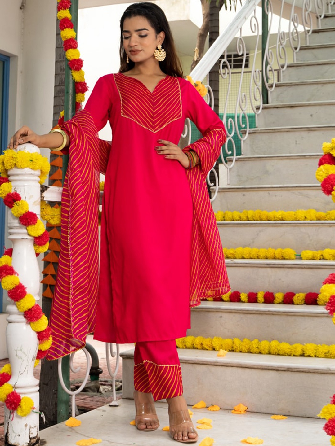 Indi INSIDE Leheriya Yoke Design Regular Gotta Patti Kurta With Trousers & Dupatta, Pink
Indi INSIDE Leheriya Yoke Design Regular Gotta Patti Kurta With Trousers & Dupatta, Pink