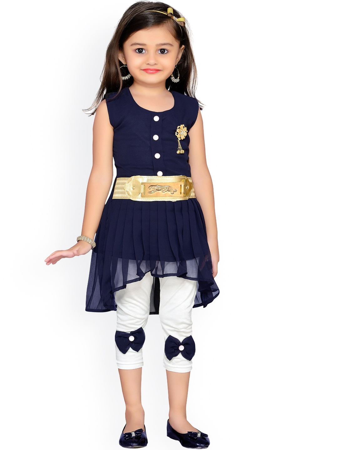 Aj DEZInES Girls Georgette High Low Knee Length Top & Capris Set, Navy blue