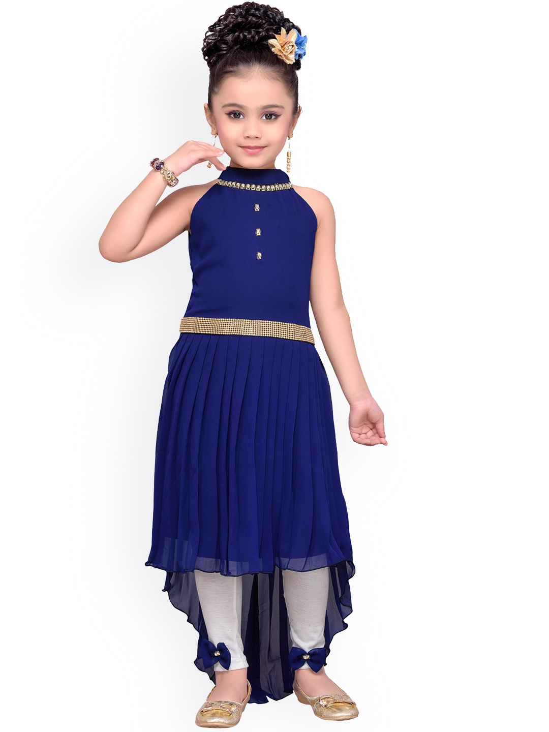 Aj DEZInES Girls Empire Beads and Stones Kurta With Leggings, Navy blue