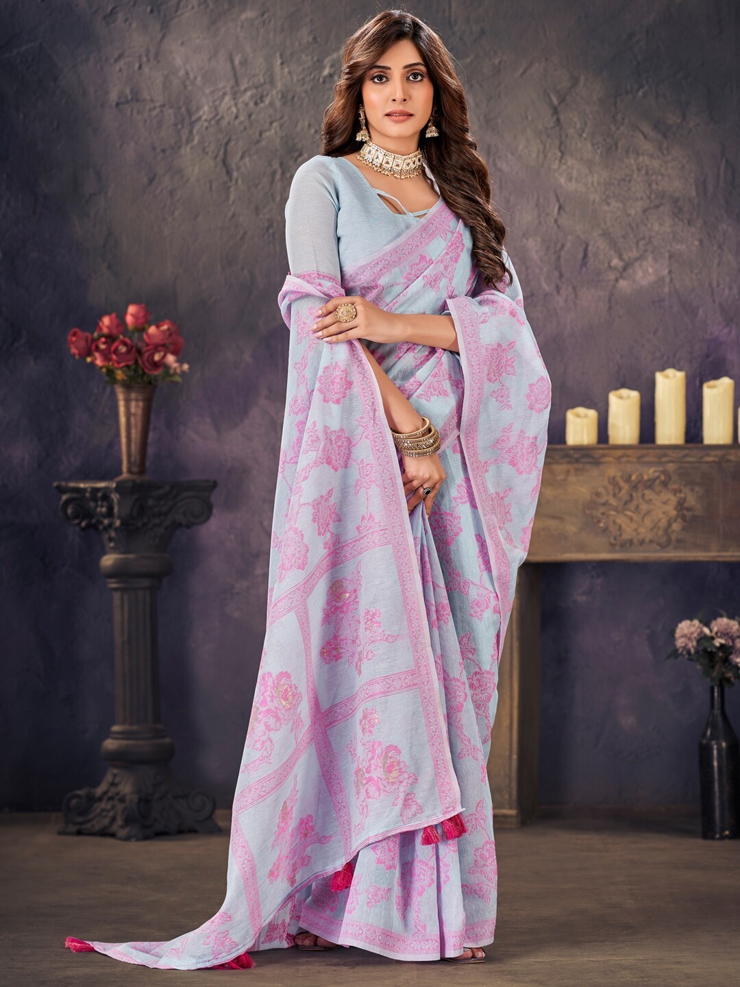 Mitera Floral Woven Design Banarasi Saree, Blue