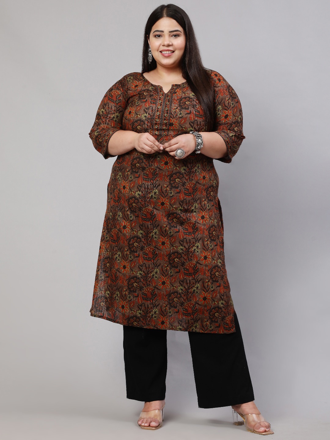 Nayo Floral Printed Round Neck Pure Cotton Straight Kurta, Brown