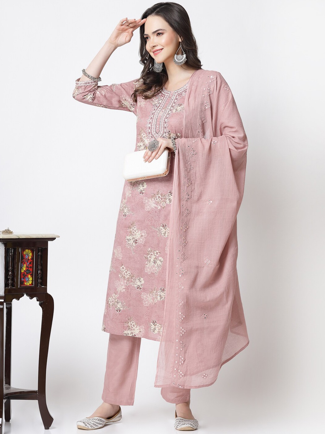 YELLOW CLOUD Floral Printed Mirror Work Pure Cotton Kurta with Trousers & With Dupatta, Lavender