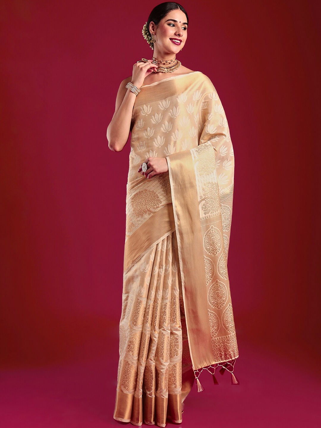 MIMOSA Woven Design Zari Art Silk Kasavu Saree, Cream