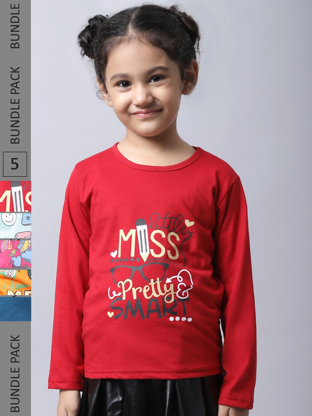 BAESD Girls Pack of 5 Graphic Printed Cotton T-shirts, Red