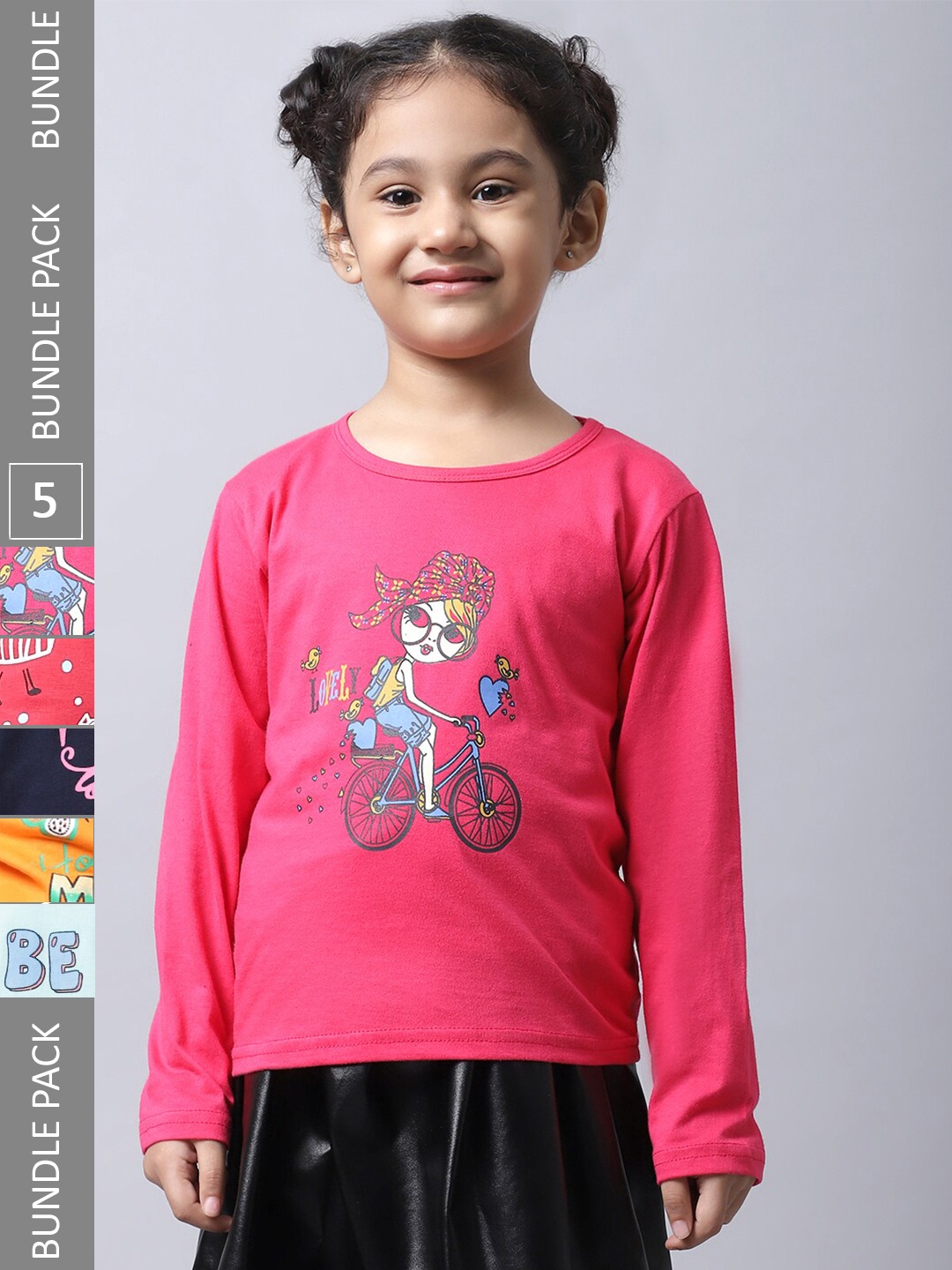 BAESD Girls Pack Of 5 Graphic Printed Cotton T-shirt, Pink