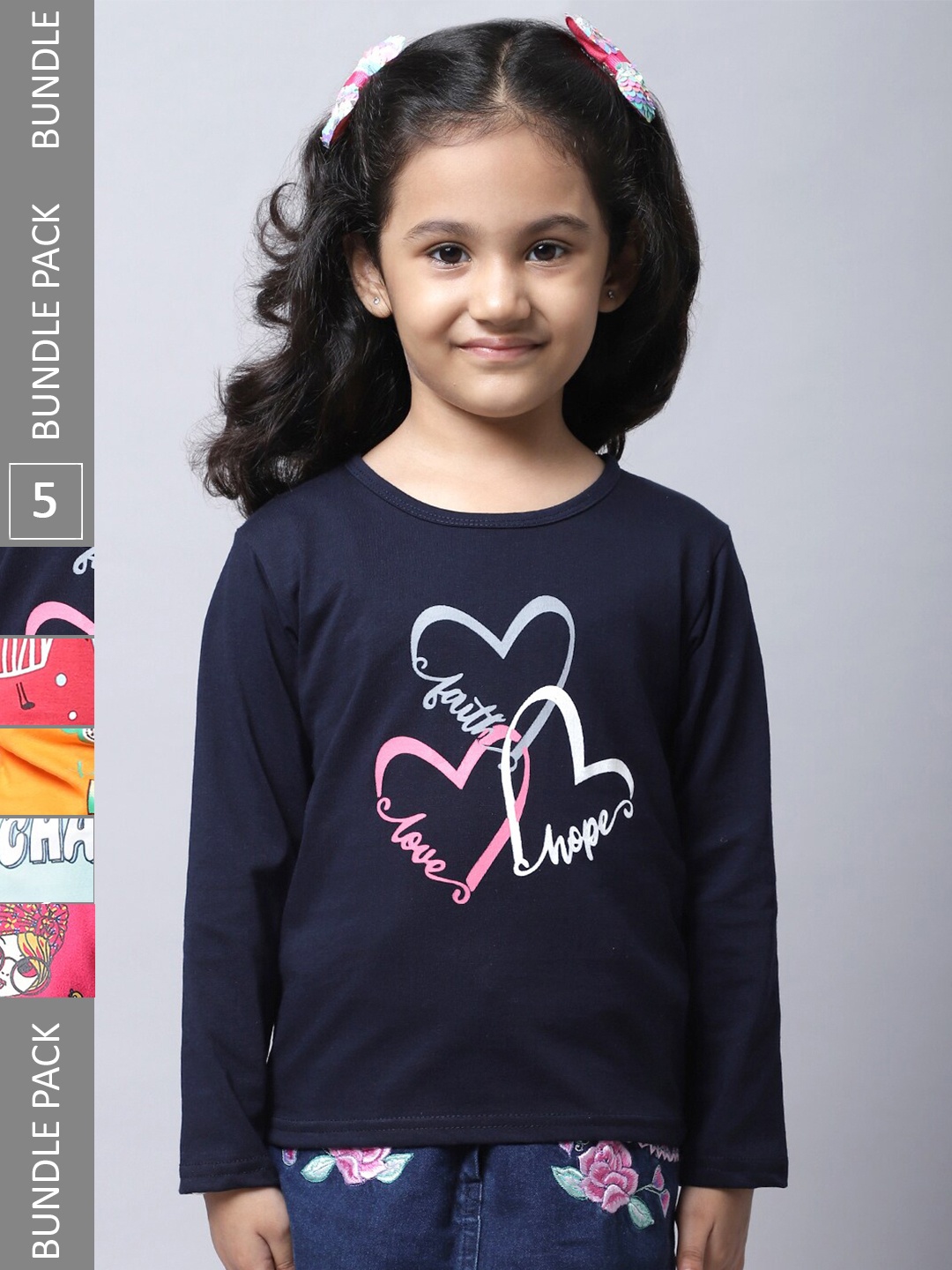 BAESD Girls Pack Of 5 Graphic Printed Cotton T-shirt, Navy blue