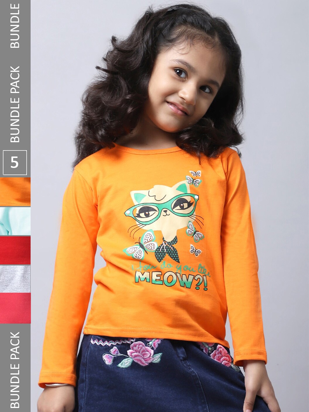 BAESD Girls Pack Of 5 Graphic Printed Cotton T-shirt, Orange