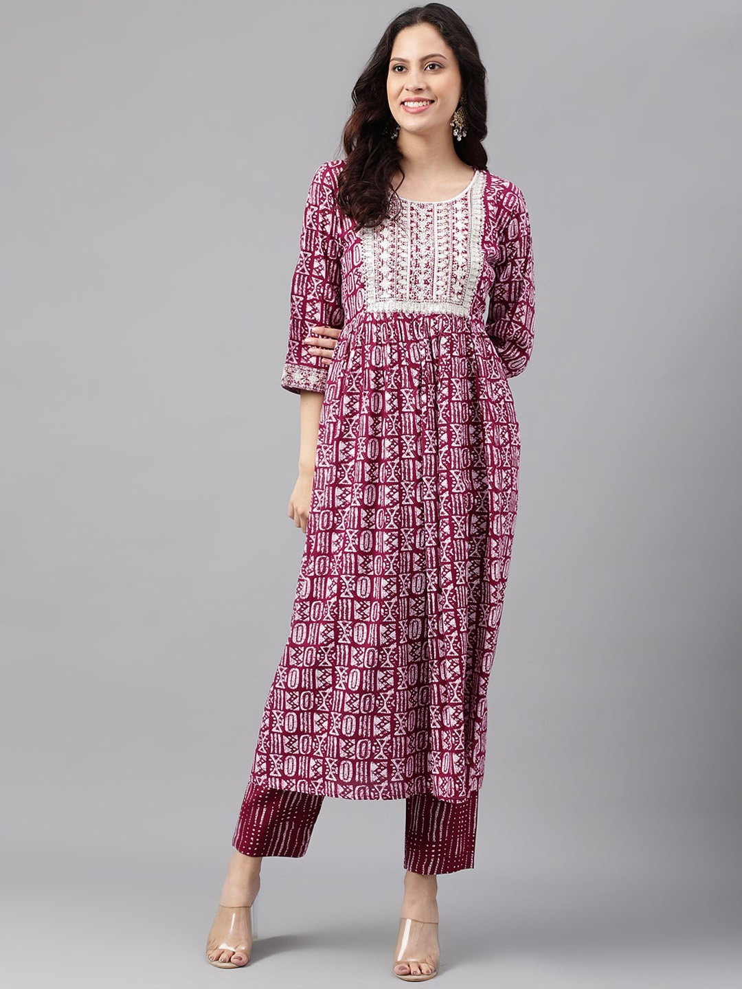 KALINI Ethnic Motifs Printed Thread Work Detailed A-Line Kurta with Trousers, Purple