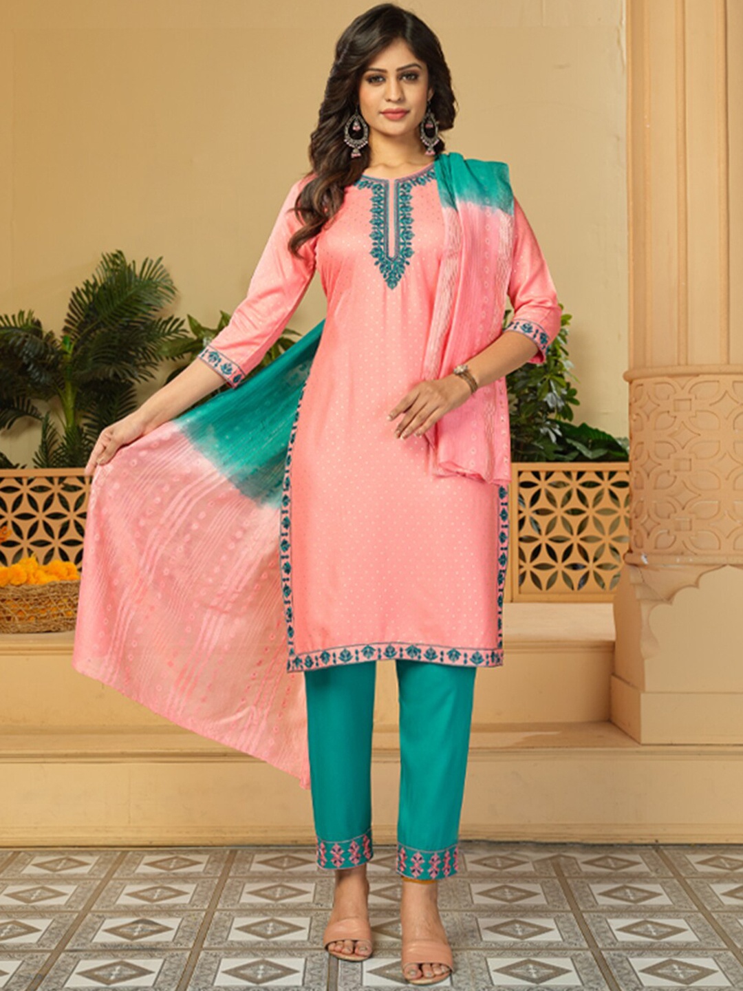 KALINI Geometric Printed Thread Work Detailed Straight Kurta & Trousers with Dupatta, Peach
KALINI Geometric Printed Thread Work Detailed Straight Kurta & Trousers with Dupatta, Peach
