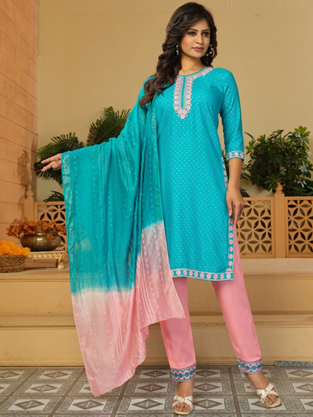 KALINI Geometric Printed Thread Work Detail Straight Kurta & Trousers With Dupatta, Blue
KALINI Geometric Printed Thread Work Detail Straight Kurta & Trousers With Dupatta, Blue