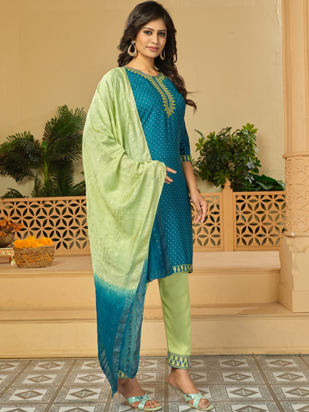 KALINI Round Neck Geometric Printed Embroidered Regular Kurta & Trousers With Dupatta, Blue
KALINI Round Neck Geometric Printed Embroidered Regular Kurta & Trousers With Dupatta, Blue