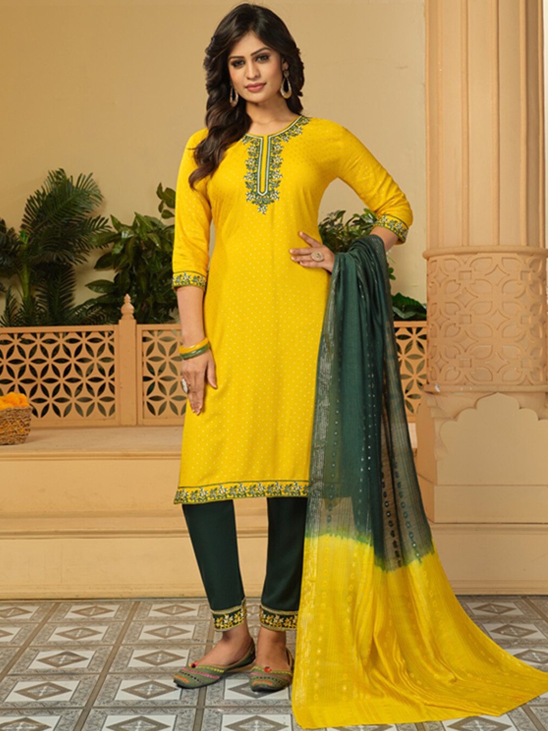 KALINI Geometric Printed Thread Work Detail Straight Kurta & Trousers With Dupatta, Yellow
KALINI Geometric Printed Thread Work Detail Straight Kurta & Trousers With Dupatta, Yellow
