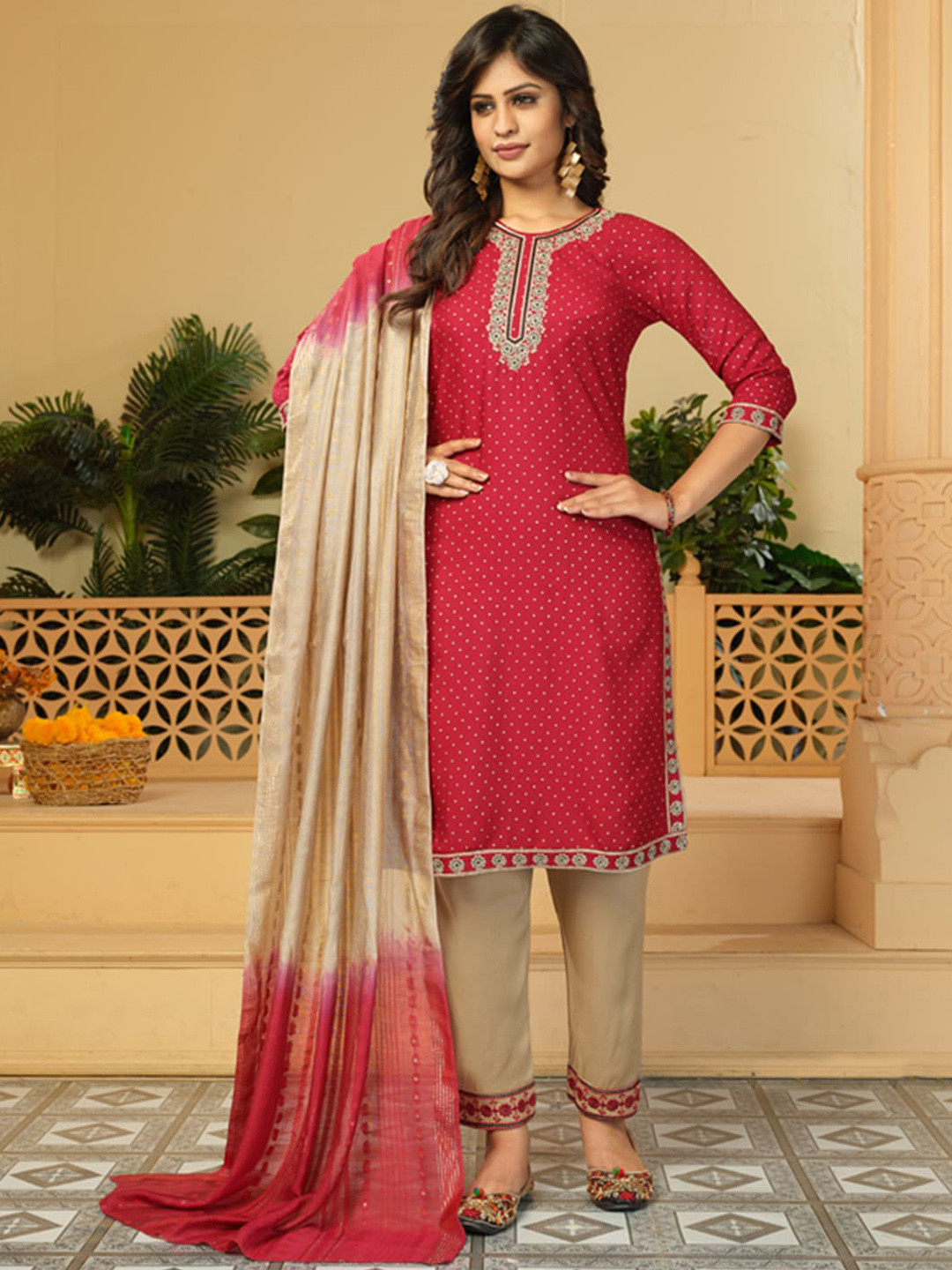 KALINI Floral Embroidered Three-Quarter Sleeves Thread Work Kurta Set With Dupatta, Red
KALINI Floral Embroidered Three-Quarter Sleeves Thread Work Kurta Set With Dupatta, Red