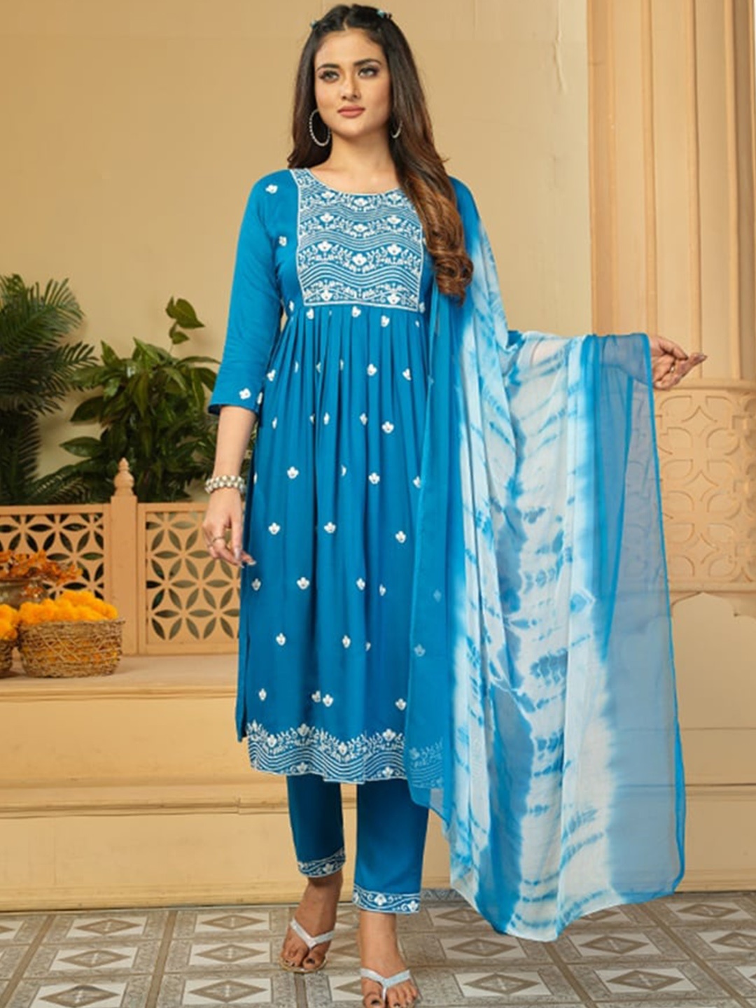 KALINI Floral Embroidered Thread Work Pleated A-Line Kurta & Trousers with Dupatta, Blue
KALINI Floral Embroidered Thread Work Pleated A-Line Kurta & Trousers with Dupatta, Blue