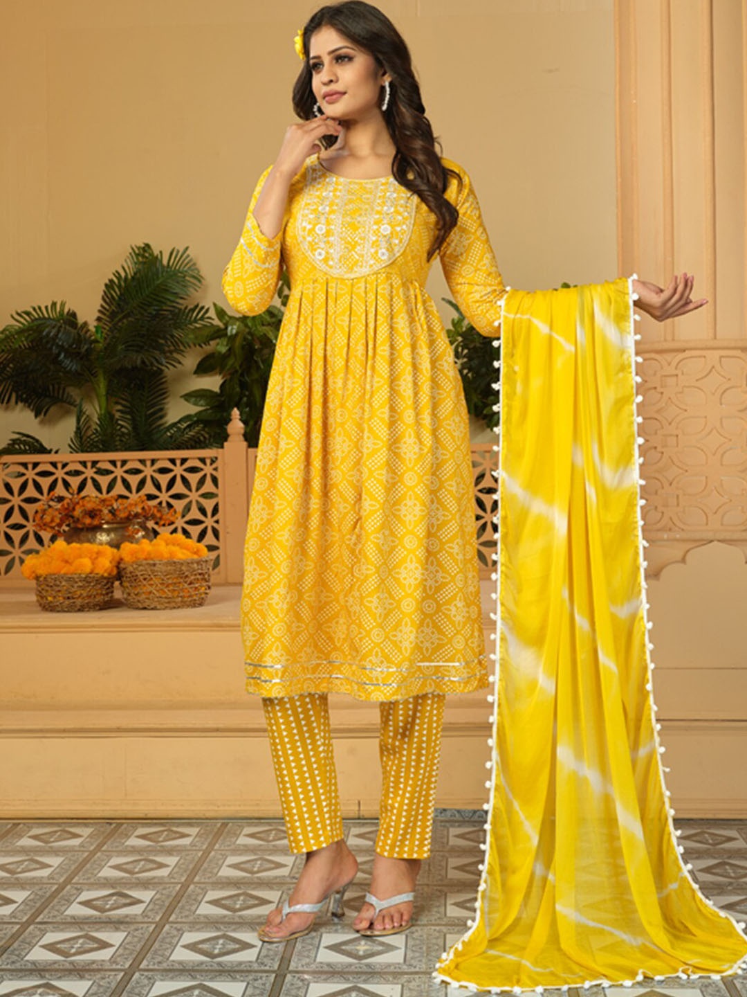 KALINI Bandhani Printed Thread Work Detailed Pleated A-Line Kurta & Trousers with Dupatta, Yellow
KALINI Bandhani Printed Thread Work Detailed Pleated A-Line Kurta & Trousers with Dupatta, Yellow
