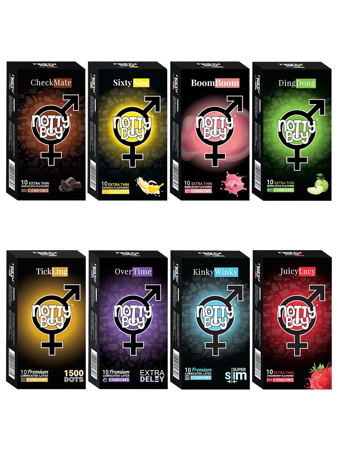 noTTy Boy Set Of 8 Extra Thin Flavoured & Premium Lubricated Condoms -10Pcs In Each, White
noTTy Boy Set Of 8 Extra Thin Flavoured & Premium Lubricated Condoms -10Pcs In Each, White