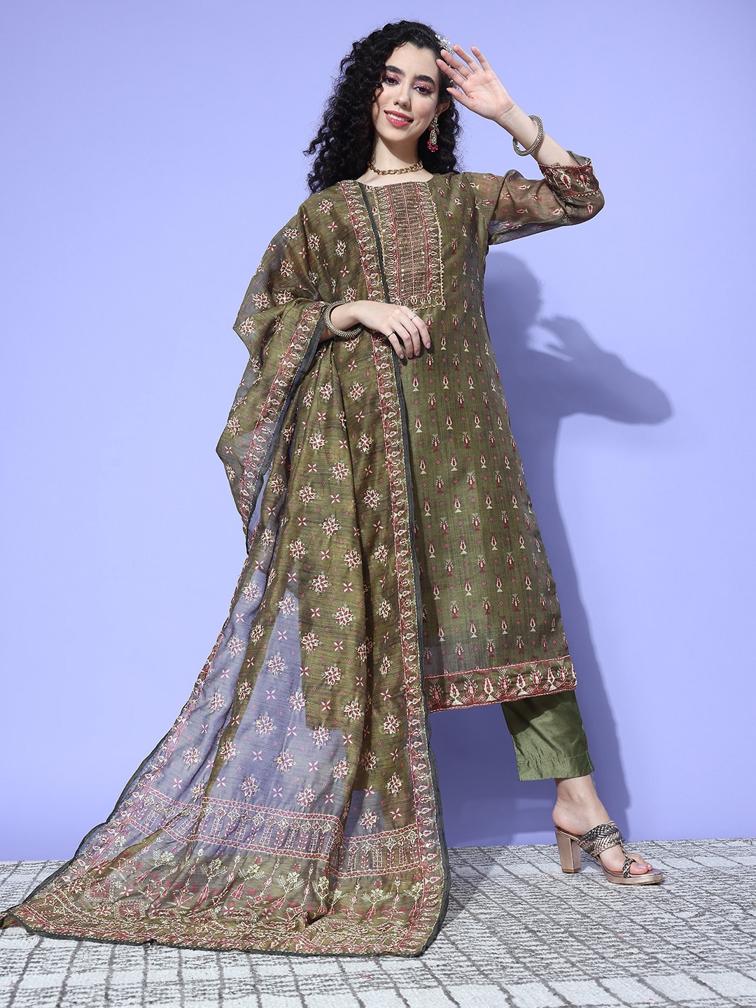 Varanga Ethnic Motifs Printed Thread Work Chanderi Silk Kurta with Trousers & Dupatta, Olive
Varanga Ethnic Motifs Printed Thread Work Chanderi Silk Kurta with Trousers & Dupatta, Olive