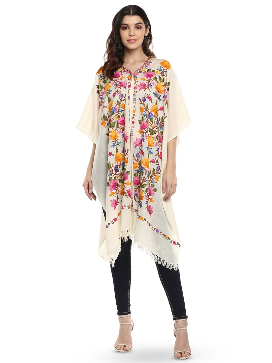CRAFTBAZAR Embroidered Woollen Poncho, Off white