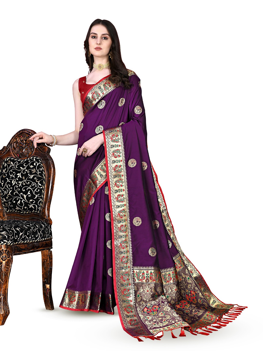 CLEMIRA Woven Design Zari Saree, Purple
