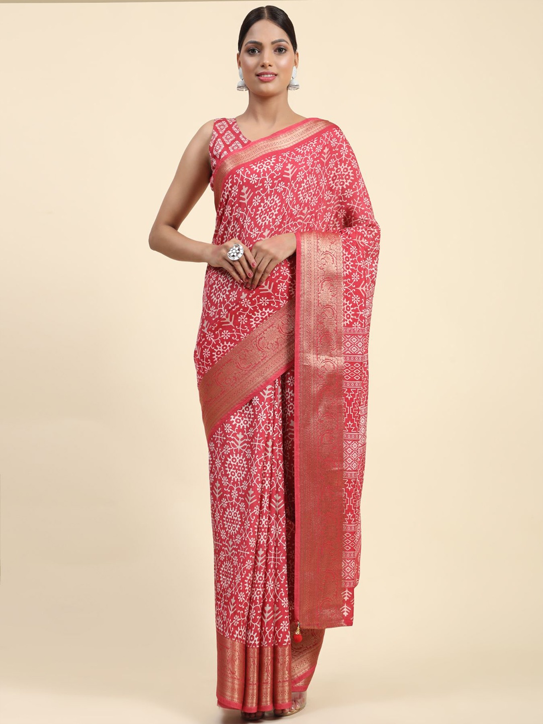 Phenav Ethnic Motifs Printed Zari Brasso Saree, Red