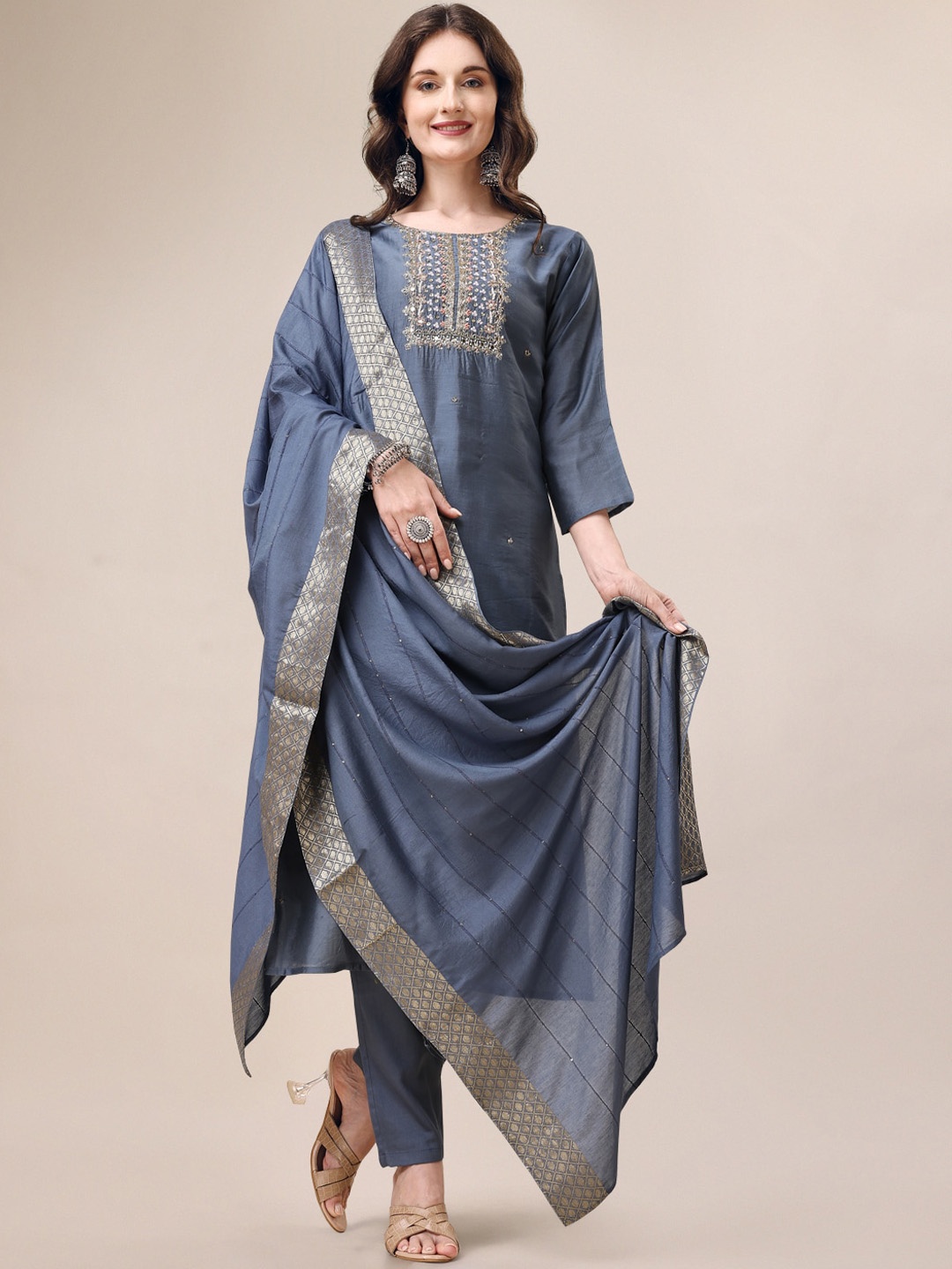 Berrylicious Beads & Stones Chanderi Cotton Straight Kurta & Trousers with Dupatta, Blue
Berrylicious Beads & Stones Chanderi Cotton Straight Kurta & Trousers with Dupatta, Blue