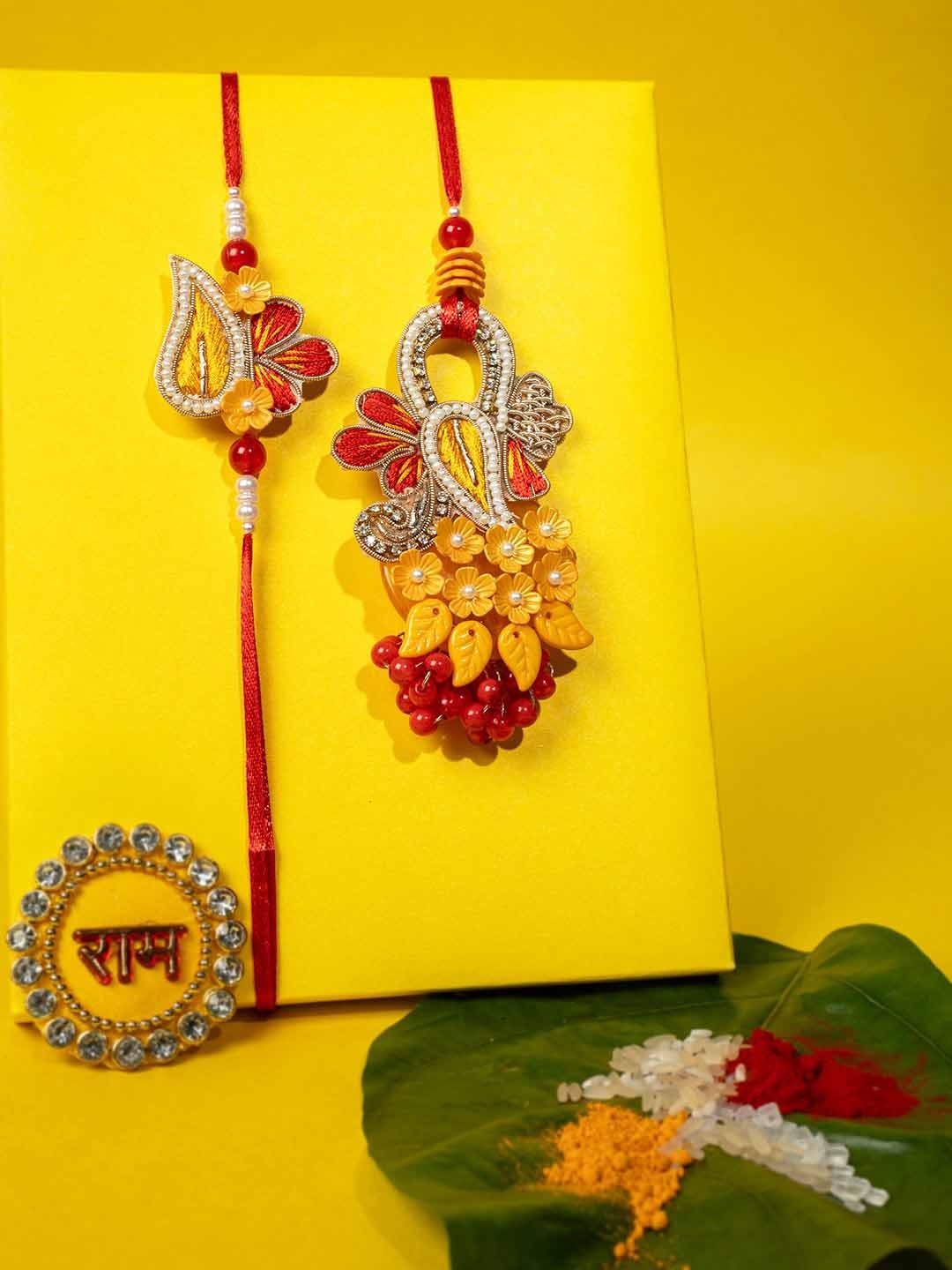 PANASH Unisex Set Of 2 Floral Shaped Embellished Rakhi With Roli Chawal, Yellow
PANASH Unisex Set Of 2 Floral Shaped Embellished Rakhi With Roli Chawal, Yellow