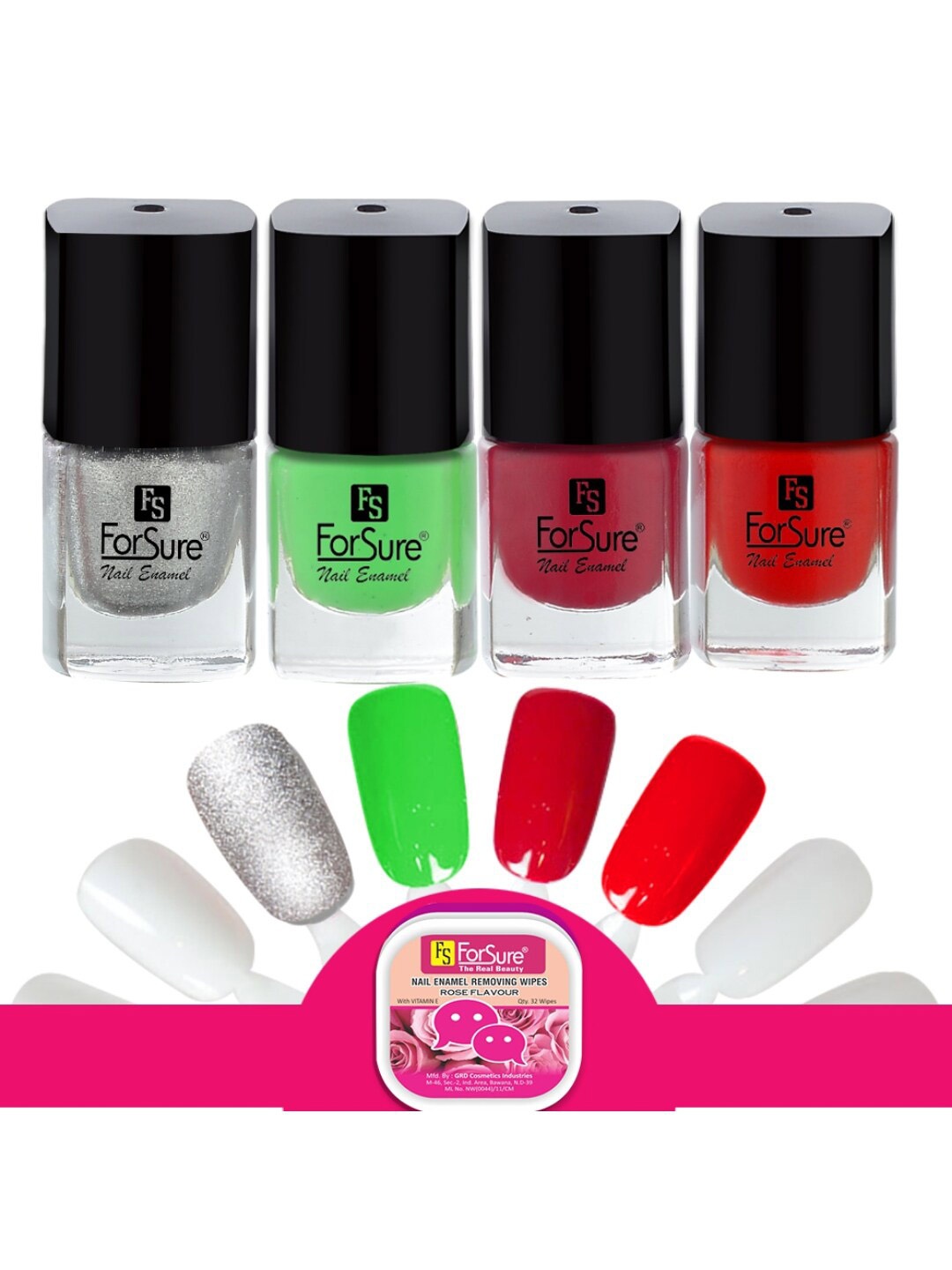 ForSure Set of 4 Trendy Quick Dry Long Stay Nail Enamels - 5 ml each & Rose Wipes - 32 pcs, Multi
ForSure Set of 4 Trendy Quick Dry Long Stay Nail Enamels - 5 ml each & Rose Wipes - 32 pcs, Multi