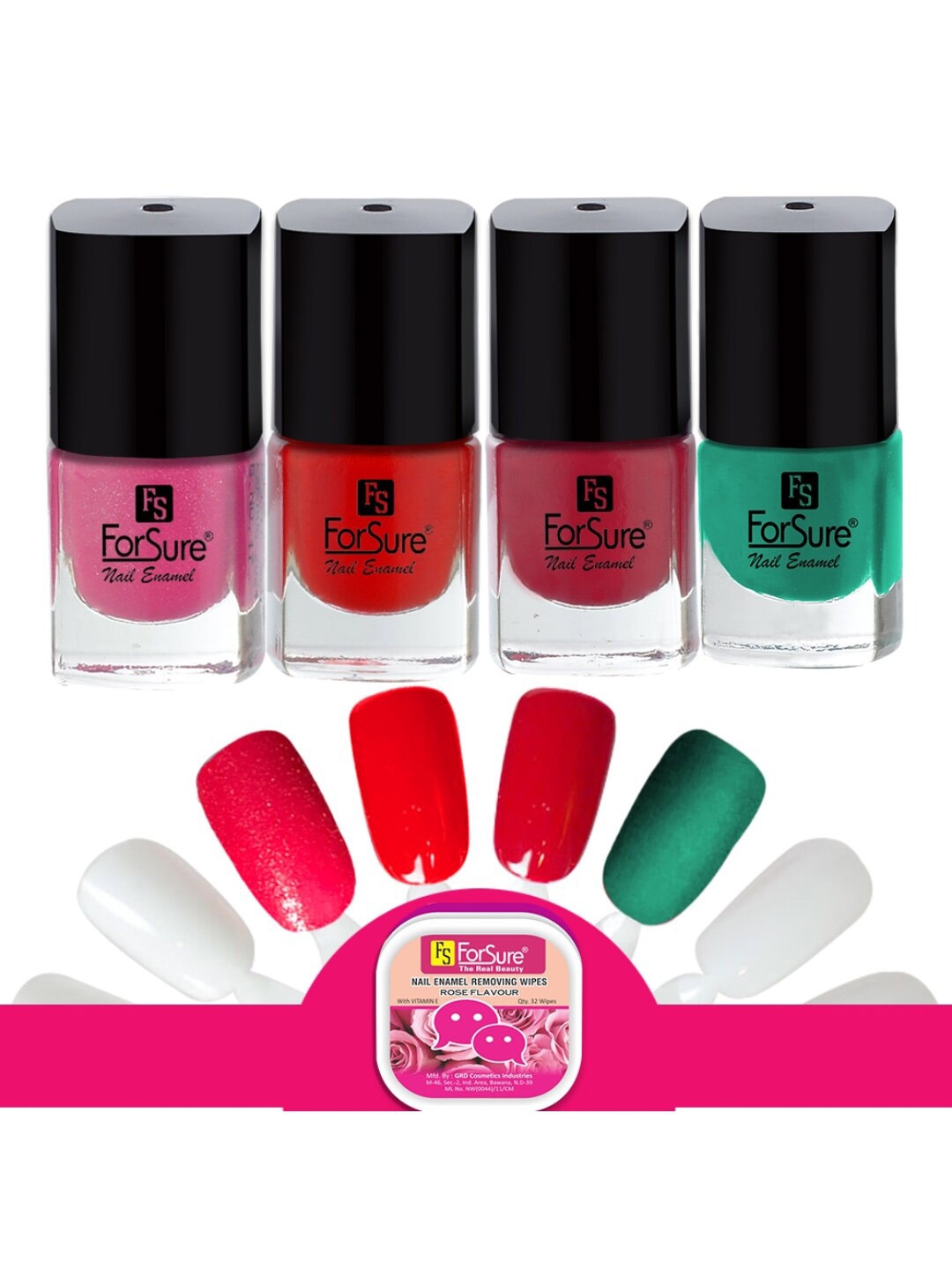 ForSure Trendy Set Of 4 Nail Polishes With Wipes-Red-Deep Red-Glitter Pink-Green, Multi
ForSure Trendy Set Of 4 Nail Polishes With Wipes-Red-Deep Red-Glitter Pink-Green, Multi