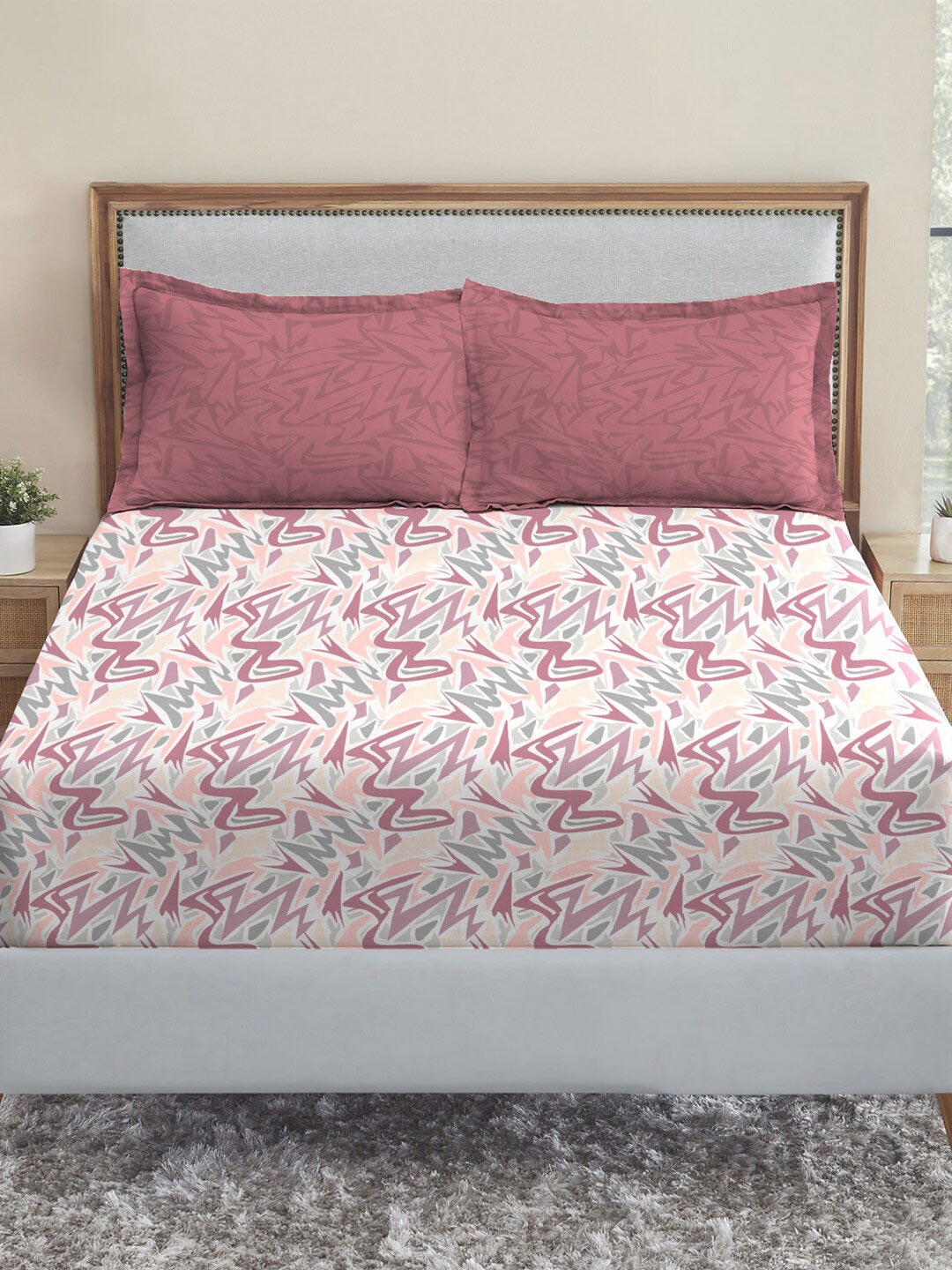 MYTRIDENT Dusk and Dawn White Printed Pure Cotton 144 TC Queen Bedsheet 2 Pillow Covers, Pink
MYTRIDENT Dusk and Dawn White Printed Pure Cotton 144 TC Queen Bedsheet 2 Pillow Covers, Pink