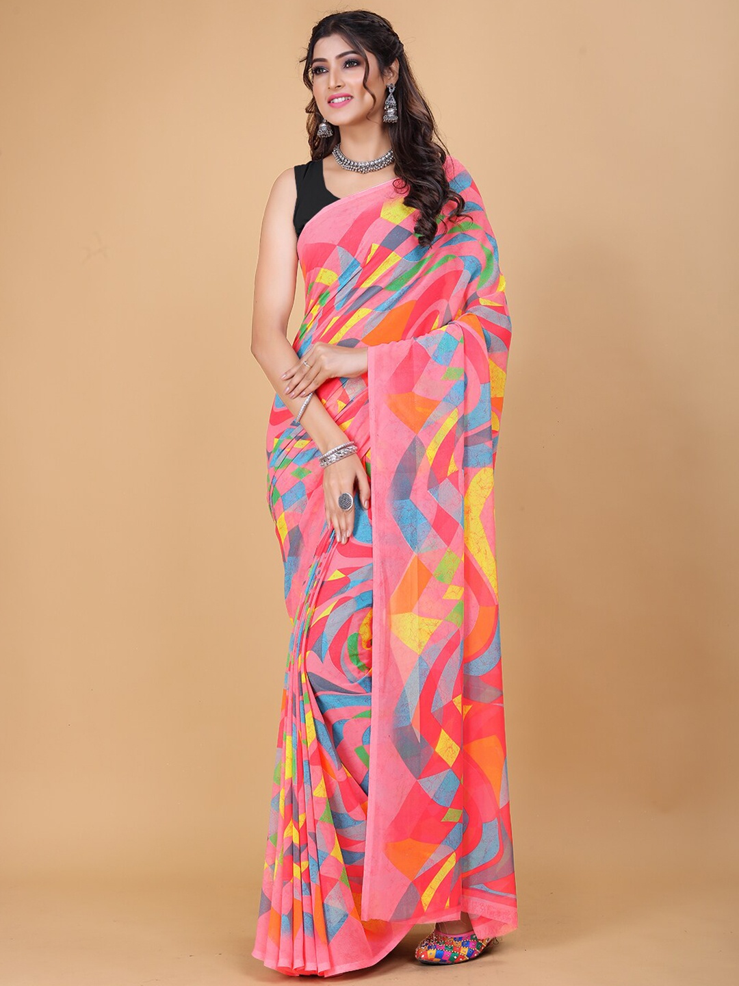 KALINI Abstract Pure Georgette Saree, Pink