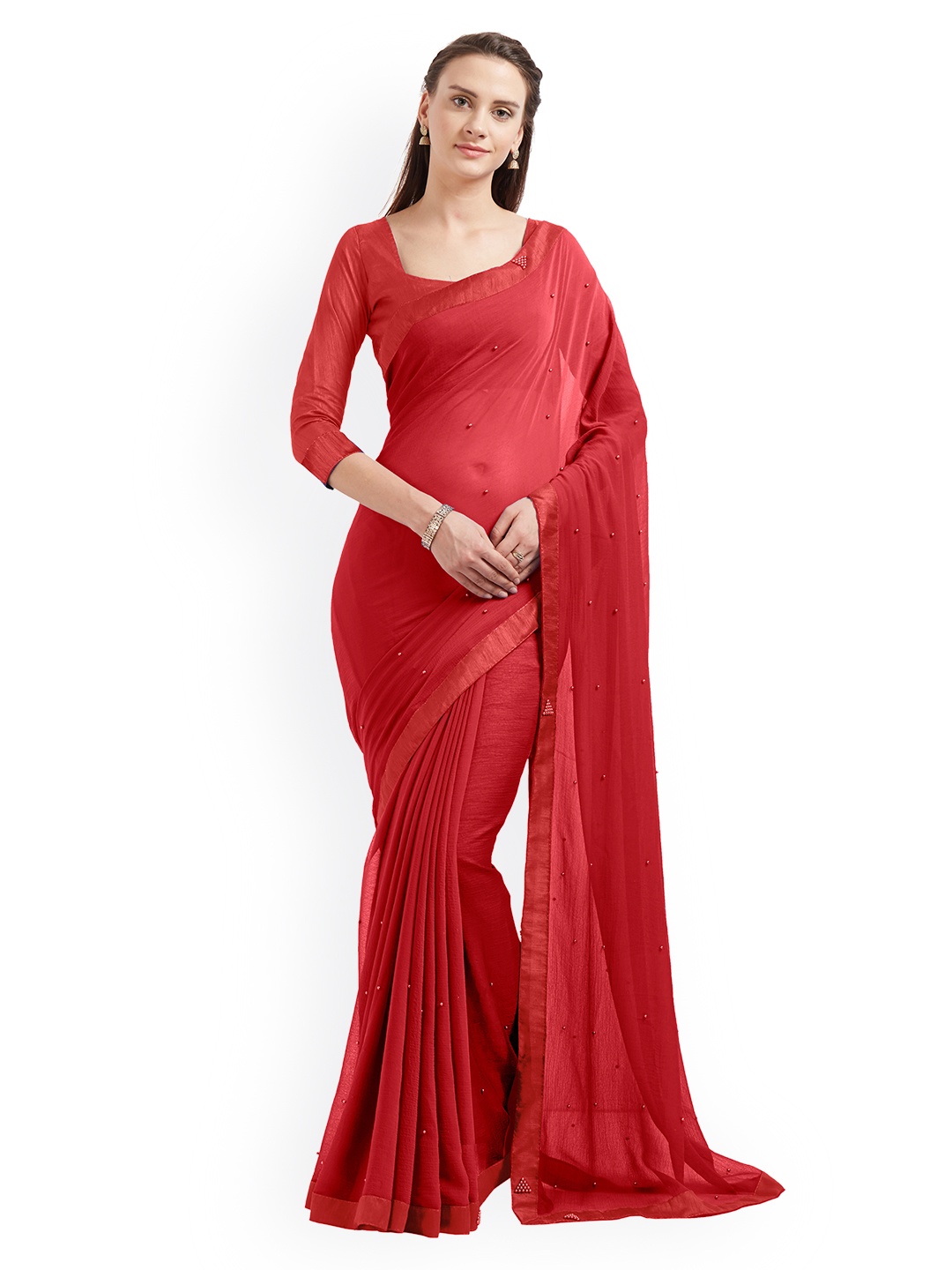 MIRCHI FASHION Red Solid Poly Chiffon Saree